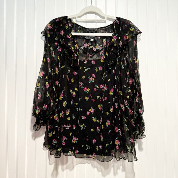 Johnny Was Fernanda Floral Peasant Blouse Silk Ruffled Size Large - Picture 2 of 7